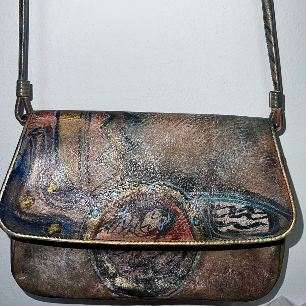 Jane Yoo vintage hand painted Artistic Leather Crossbody Bag
